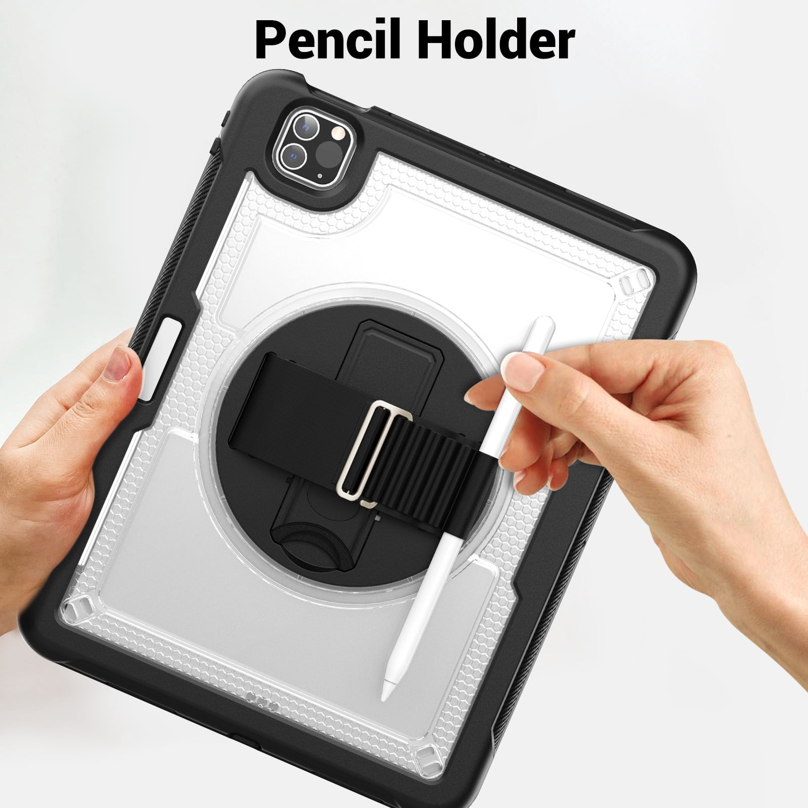 ELEHOLD Case for Apple iPad Pro 11 2022/2021/2020/2018/air4 10.9/air5,Soft TPU Rugged Durable Case with 360° Rotating Hand Strap & Foldable Hidden Stand & Pencil Holder,Clear
