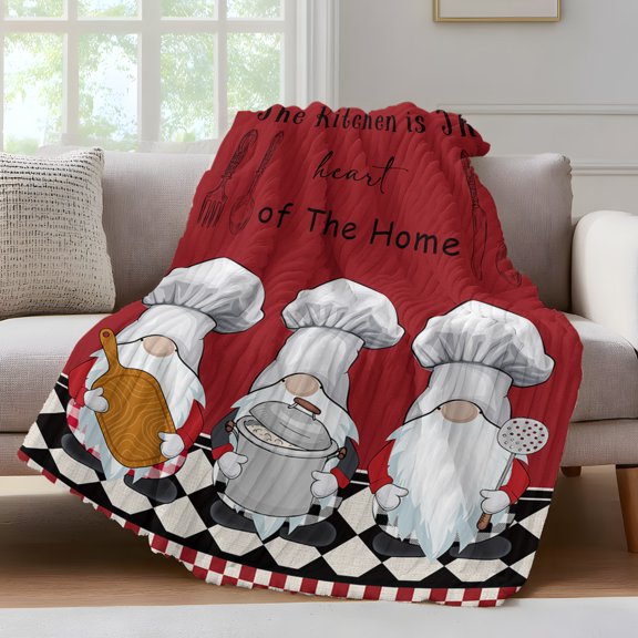 Red Chef Gnomes Fleece Throw Blanket for Couch, Farmhouse Red White Plaid Microfiber Flannel Blanket for All Season, Lightweight Soft Throw Blankets for Women, Girls, Adults, 50"x80"