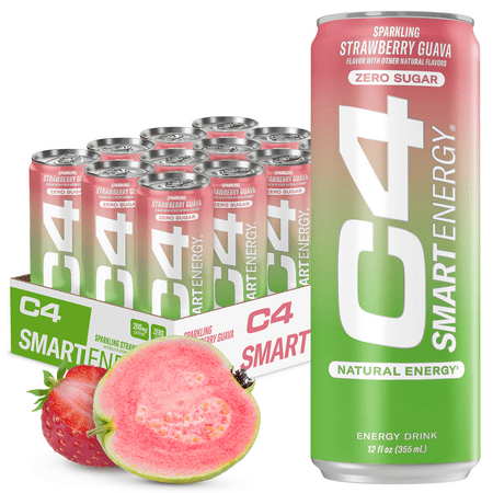C4 Smart Energy Drink  Strawberry Guava Flavor  Zero Sugar  Carbonated  12 oz can (12 Pack)
