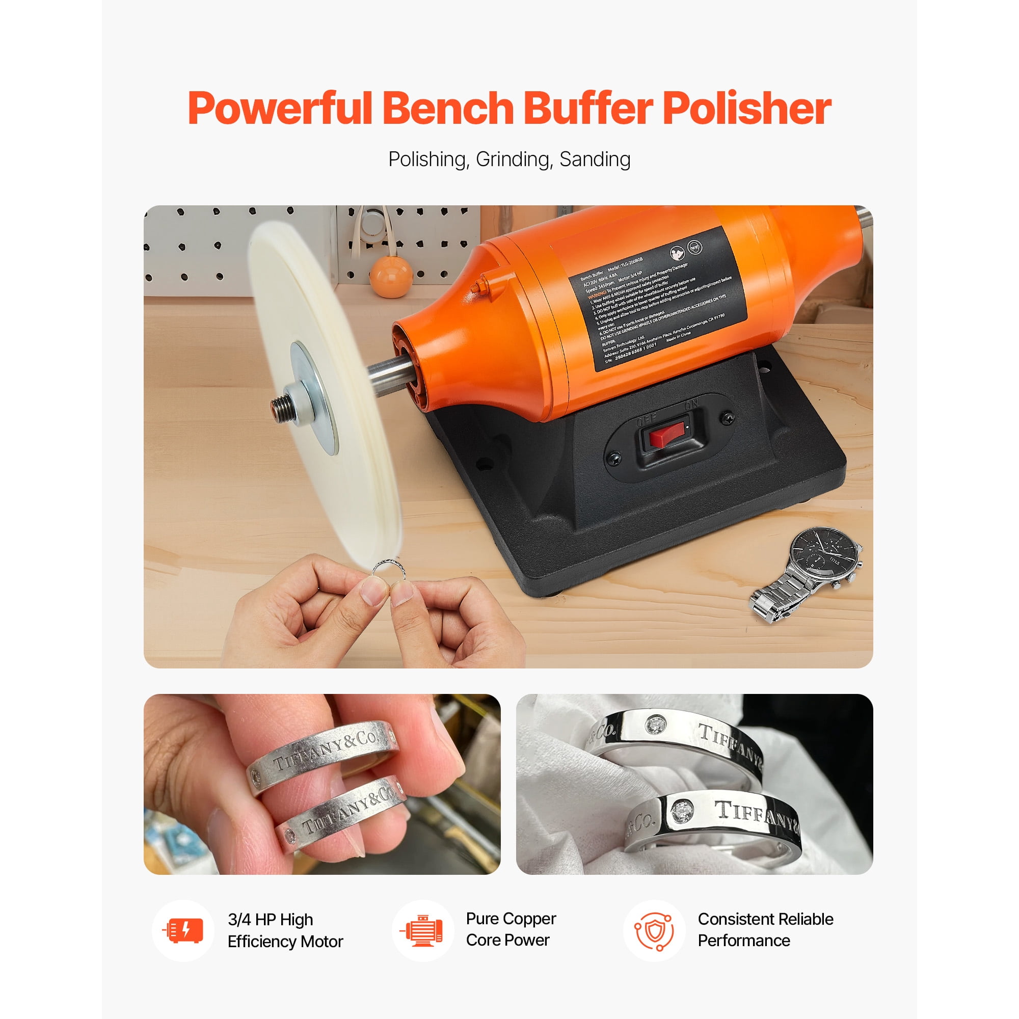 KFFKFF 3/4HP Bench Buffer Polisher, 8-inch Polishing Machine, 3450RPM Single Speed Benchtop Tool with 2 Cloth Wheels & Durable Cast Iron Base for Metal, Jewelry, and Wood Finishing