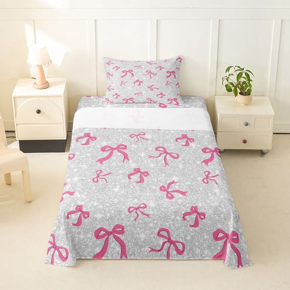Erosebridal Kids Bow Butterfly Knot Twin Sheet Sets, Bling Print Bedding, Grey Pink, 3 Pieces