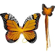 Kids Orange Monarch Butterfly 2pc Wing & Wand Set Fantasy Butterfly Fairy Wings Costume Accessory