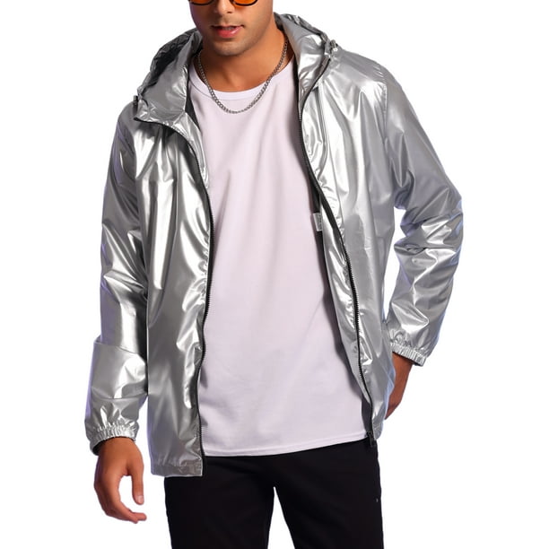 Chaquetas Holográficas INSPIRE CHIC para Hombre, Sudadera Metálica de Manga Larga, Plateada M