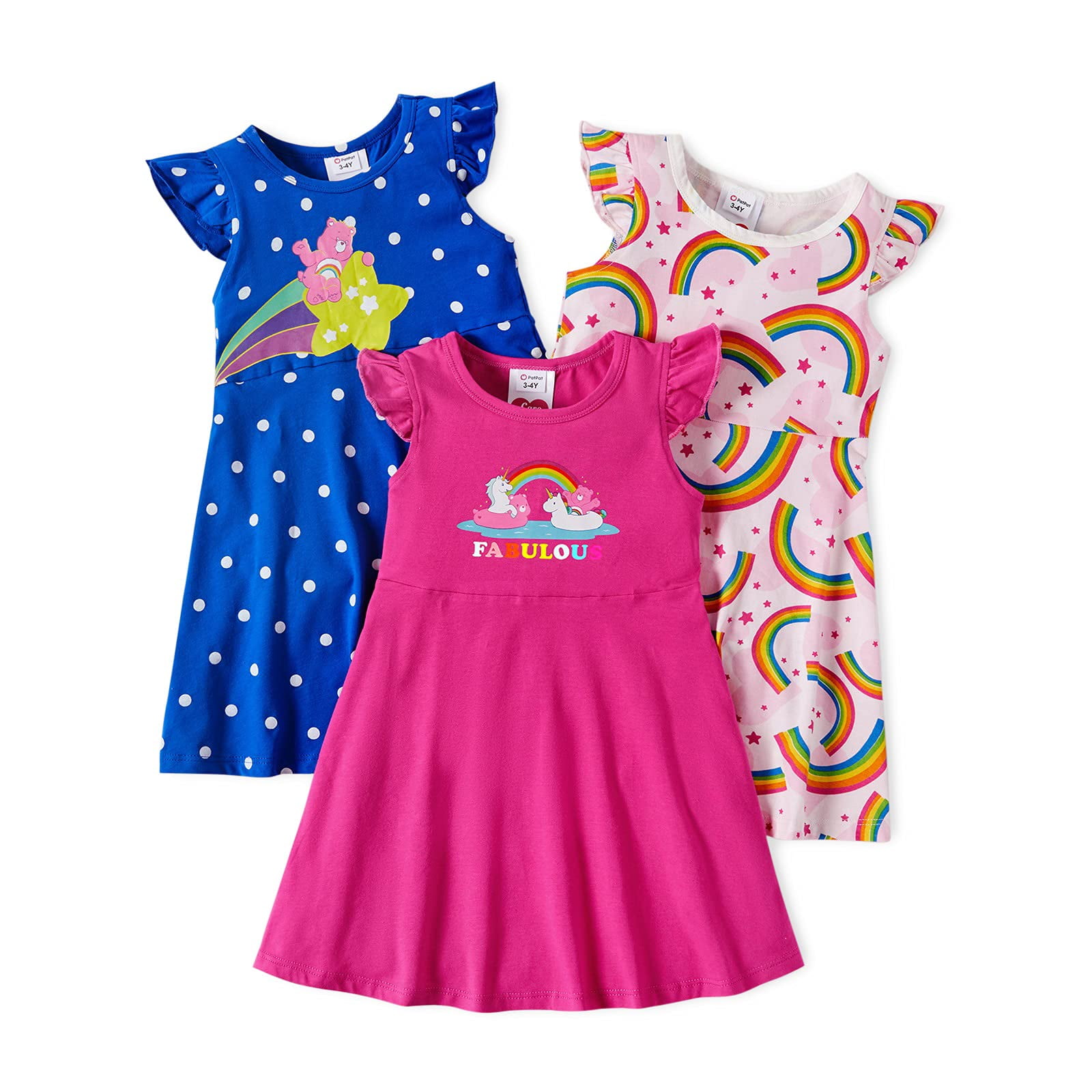 AdoraCute by PatPat Toddler Care Bears 3Pack Rainbow and Polka Dots Dress Girl Flounce