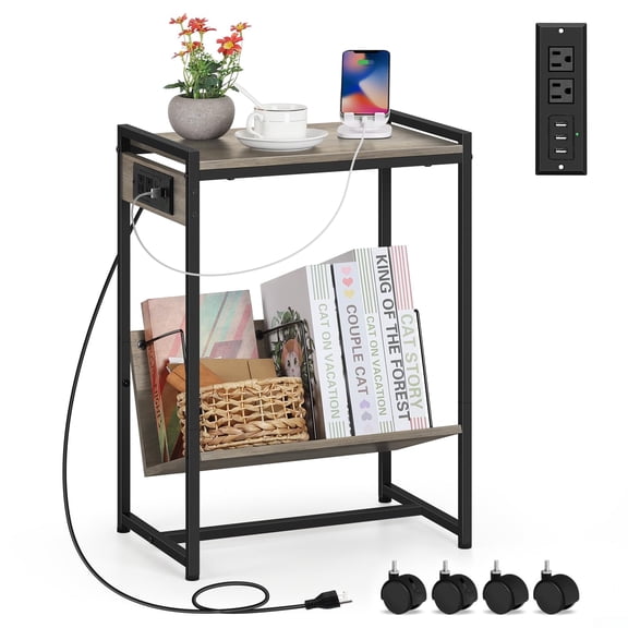 Record Player Stand Vinyl Storage, End Table with Charging Station, Side Table Nightstand for Living Room Bedroom, Tall Beside Table Turntable Stand with Wheels for Album CD Storage