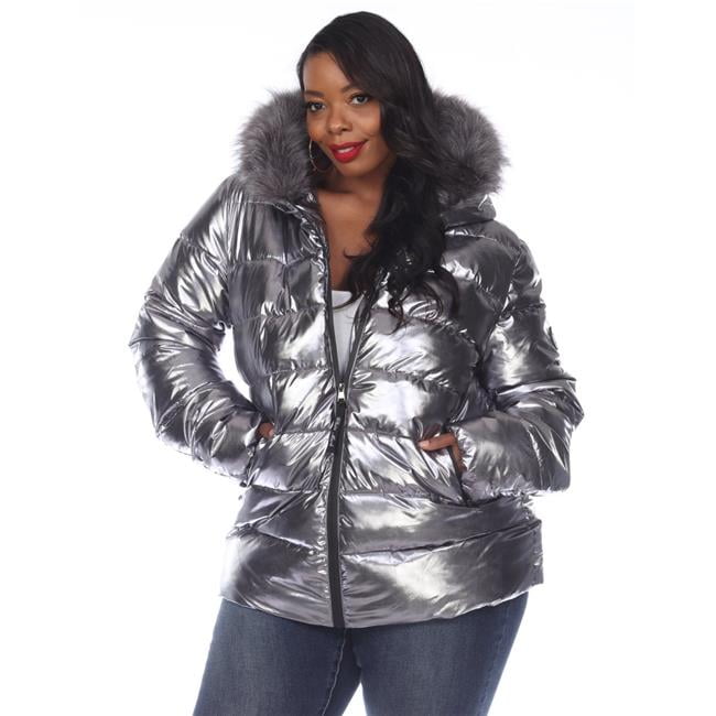 PS926 02 1X Plus Size Metallic Puffer Coat with Hoddie Silver