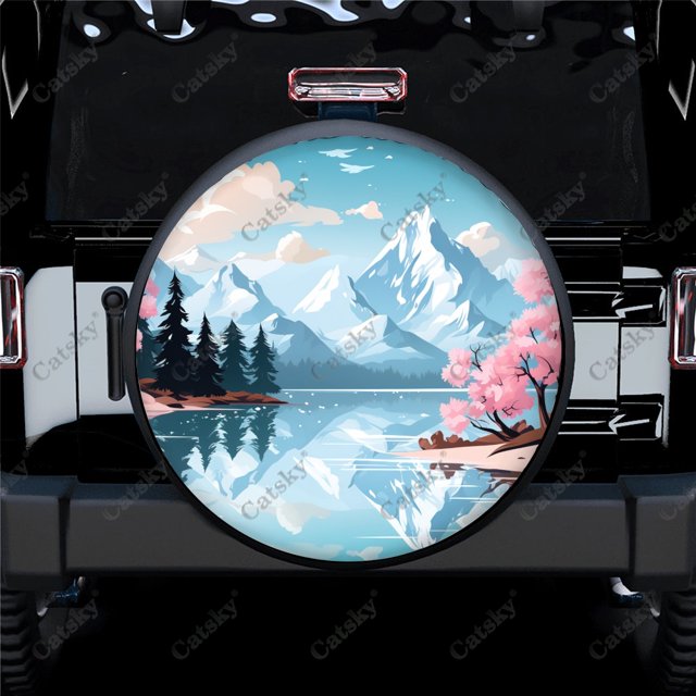 Mountain with Blossom Pattern Polyester Universal Spare Wheel Tire Cover Wheel Covers for Trailer RV SUV Truck Camper