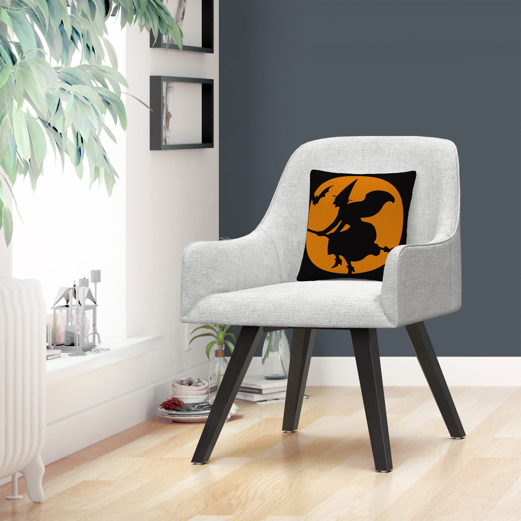 The Witches Broom Over Orange Moon Halloween By Abc 16 X 16 Decorative Throw Pillow