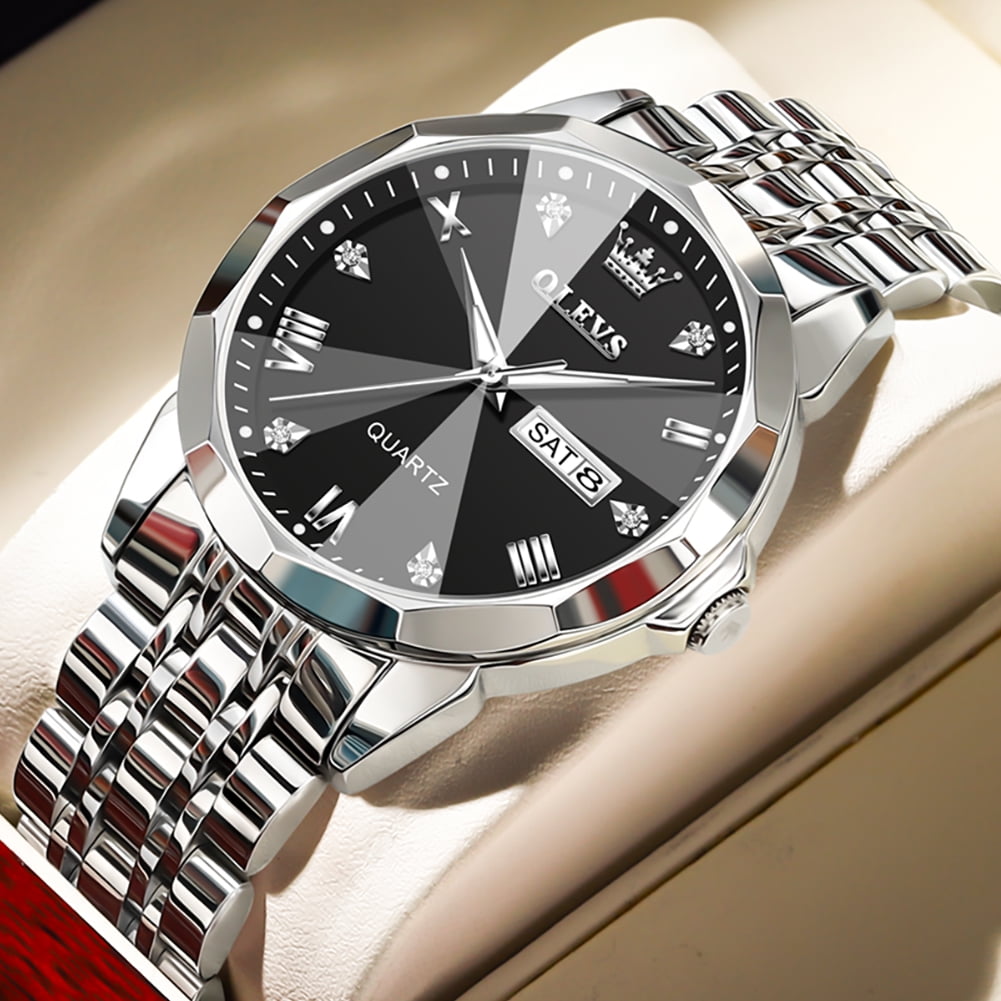 OLEVS Watches for men Diamond Business Dress Luxury Casual Analog Quartz Stainless Steel Waterproof Luminous Date Men Wrist Watches reloj para hombre Black Dial