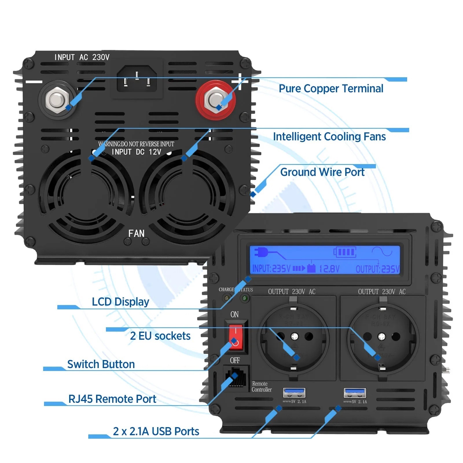 UPS inverter with charger 1500W 2500W DC 12V to AC converter pure sine wave transformer off grid for home ,Easy to Use