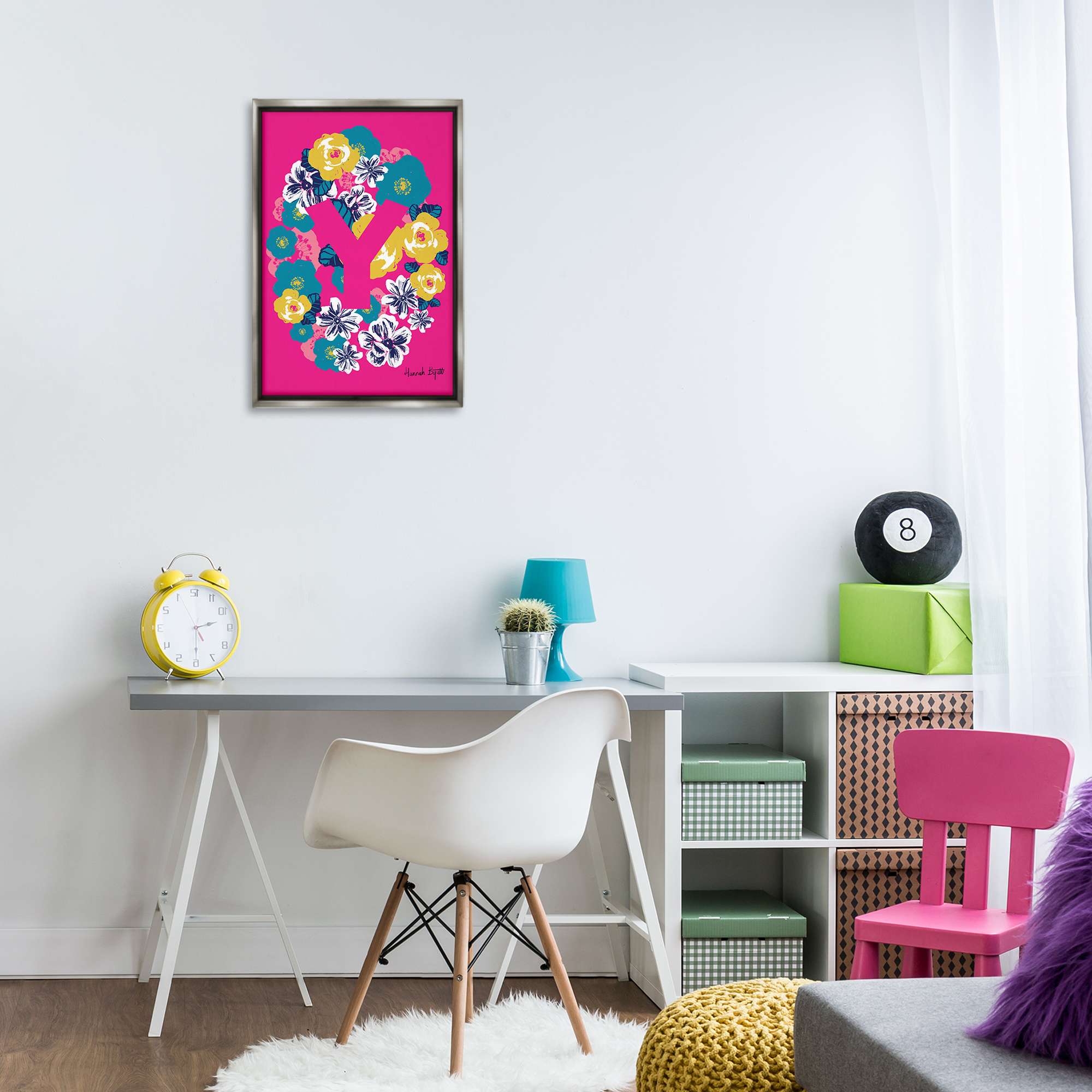 Stupell Industries Floral Bloom Letter Y Botanical & Floral Painting Gray Floater Framed Art Print Wall Art, 17 x 25