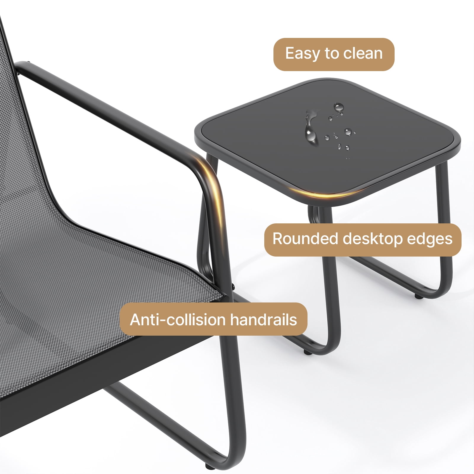 3 Pieces Patio Furniture Set with Metal Frame Glass Table, Bistro Table and Chairs Set for Lawn - Gray