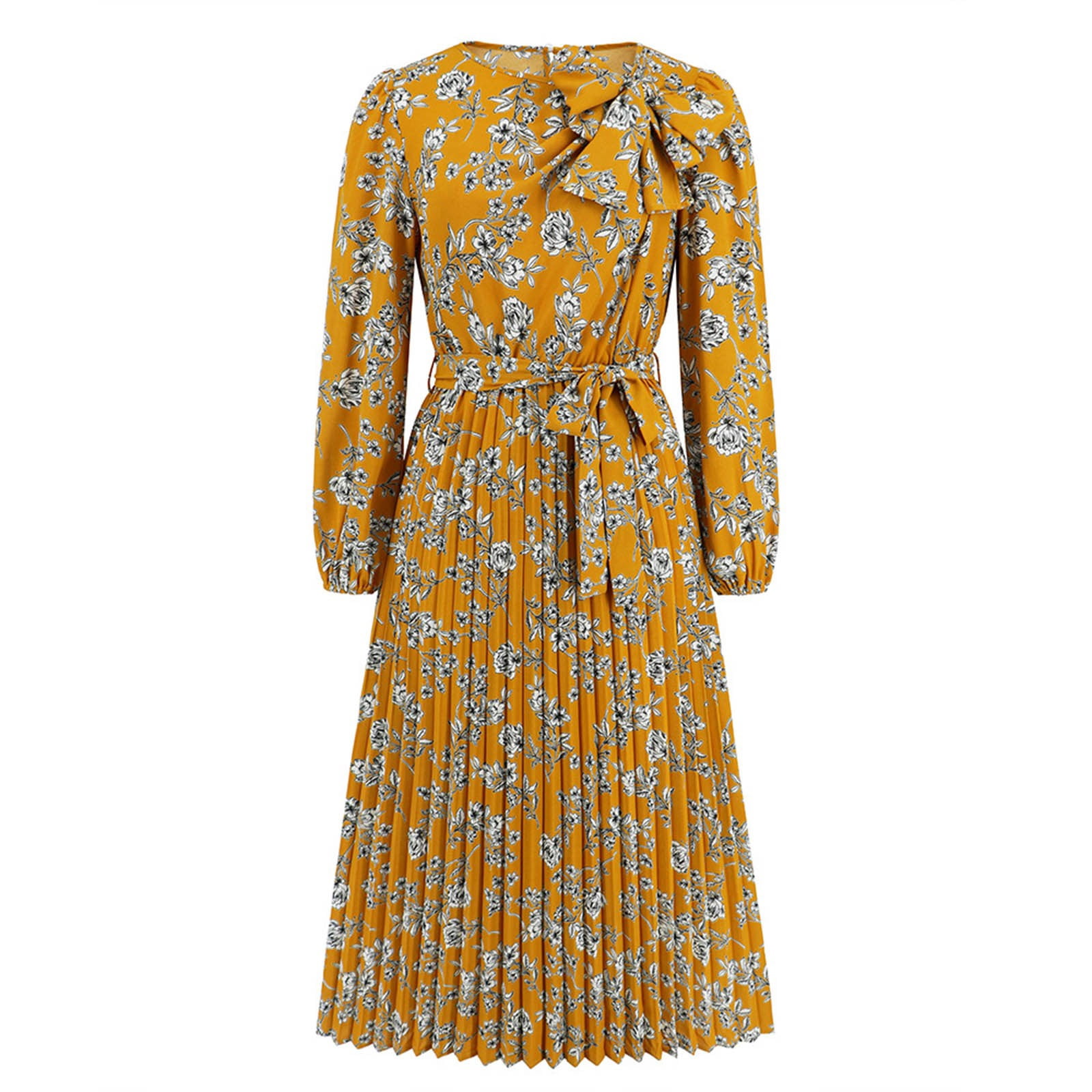 safuny Women's Plus Size Tea Length Evening Dress Floral Lace Splicing Solid Long Sleeve Autumn Dresses Trendy Crew Neck Winter Elegant Formal Cocktail Wedding Holiday Yellow L