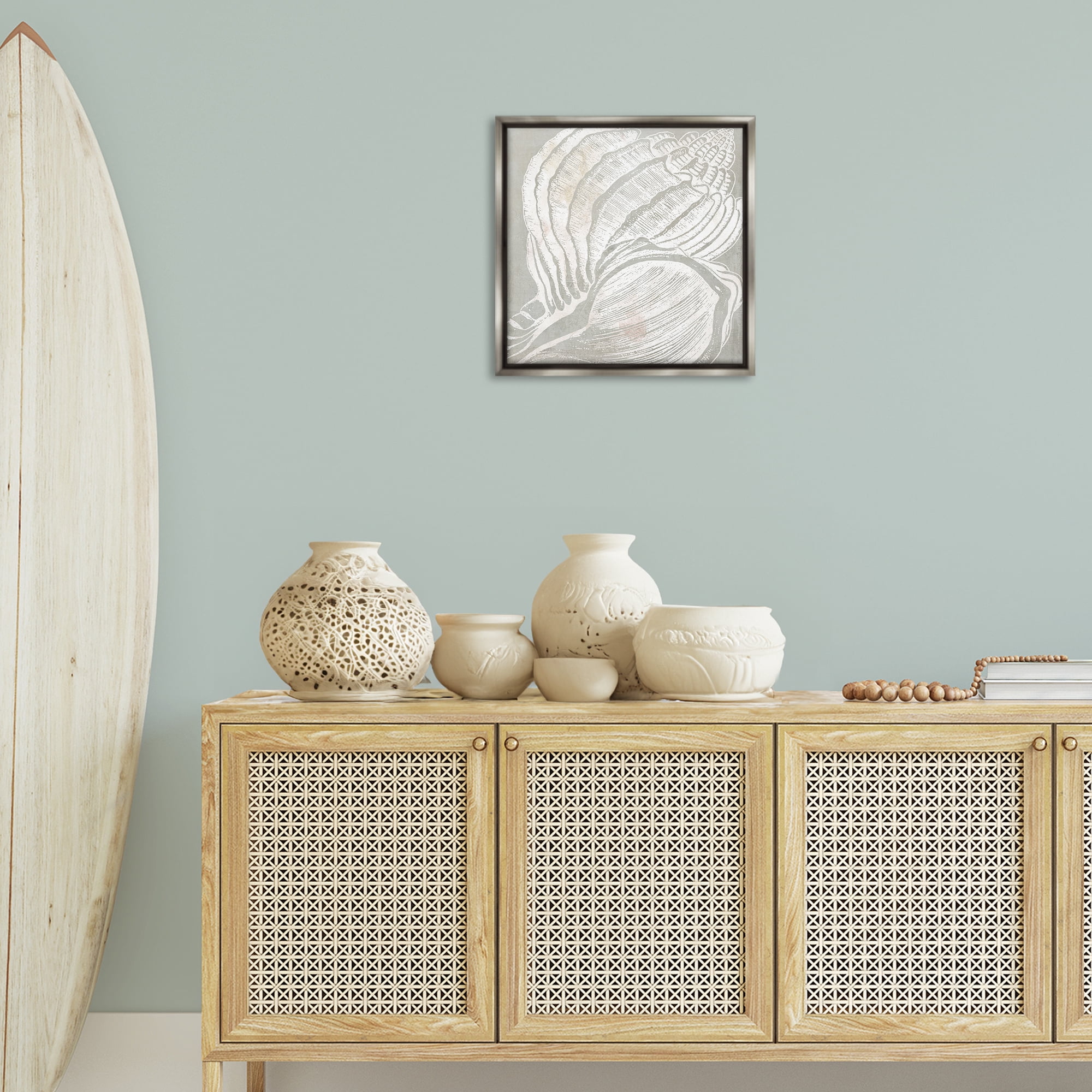 Stupell Industries Beige Conch Pattern Nautical & Beach Painting Gray Floater Framed Canvas Art Print Wall Art, 18 x 18