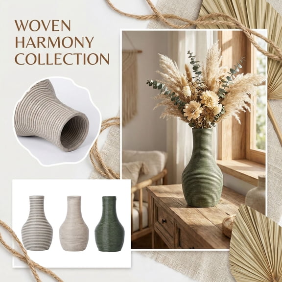 Woven Vase Farmhouse Decor, Textured Ceramic Accent with Round Belly Shape for Dried Flowers Pampas Grass, Rustic Touch For Living Room Coffee Table Entryway Shelf Centerpiece Dark Gray