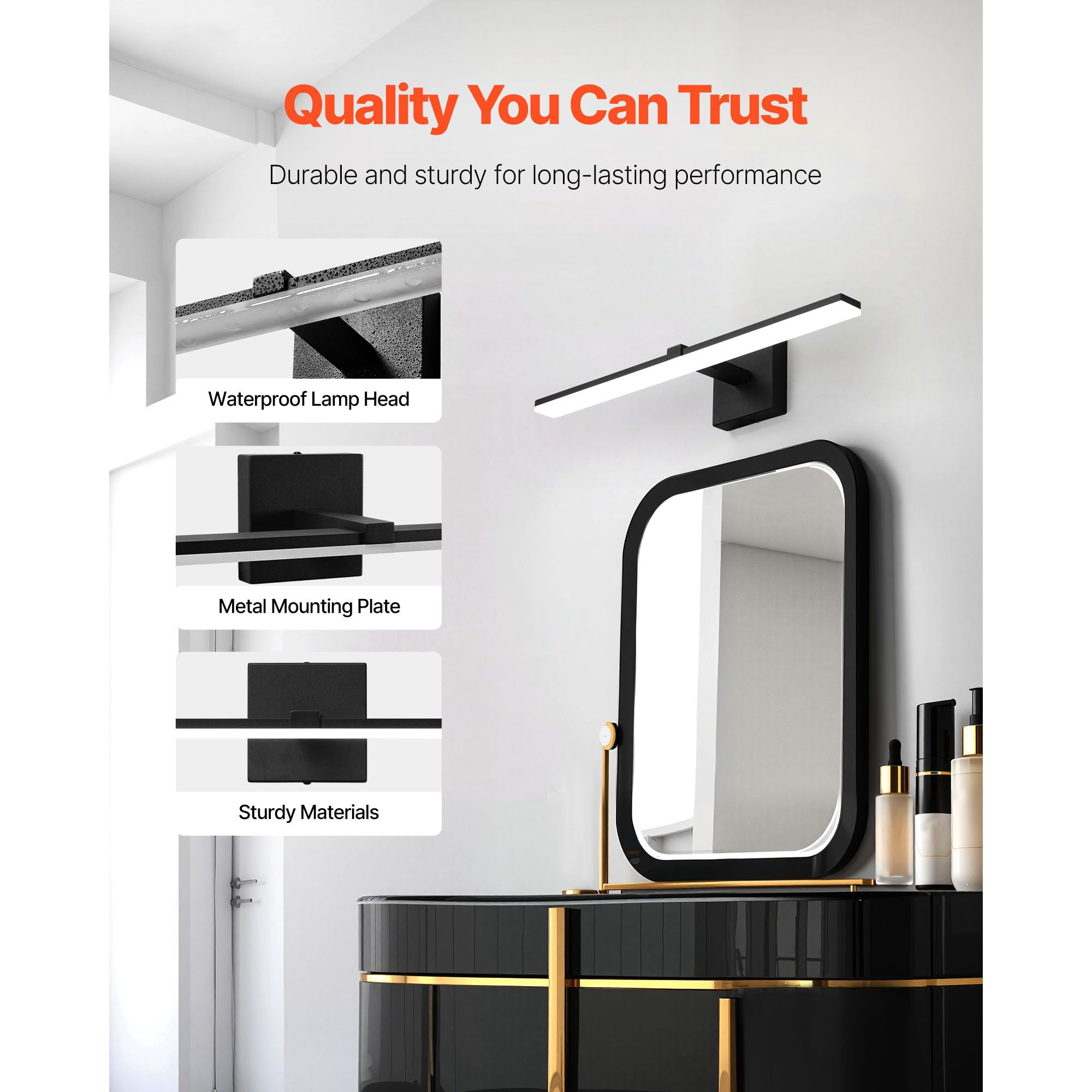 Bathroom Light Bar 18W 6000K LED Over Mirror Lighting IP44 Waterproof Dustproof Flicker-Free for Vanity Makeup Grooming