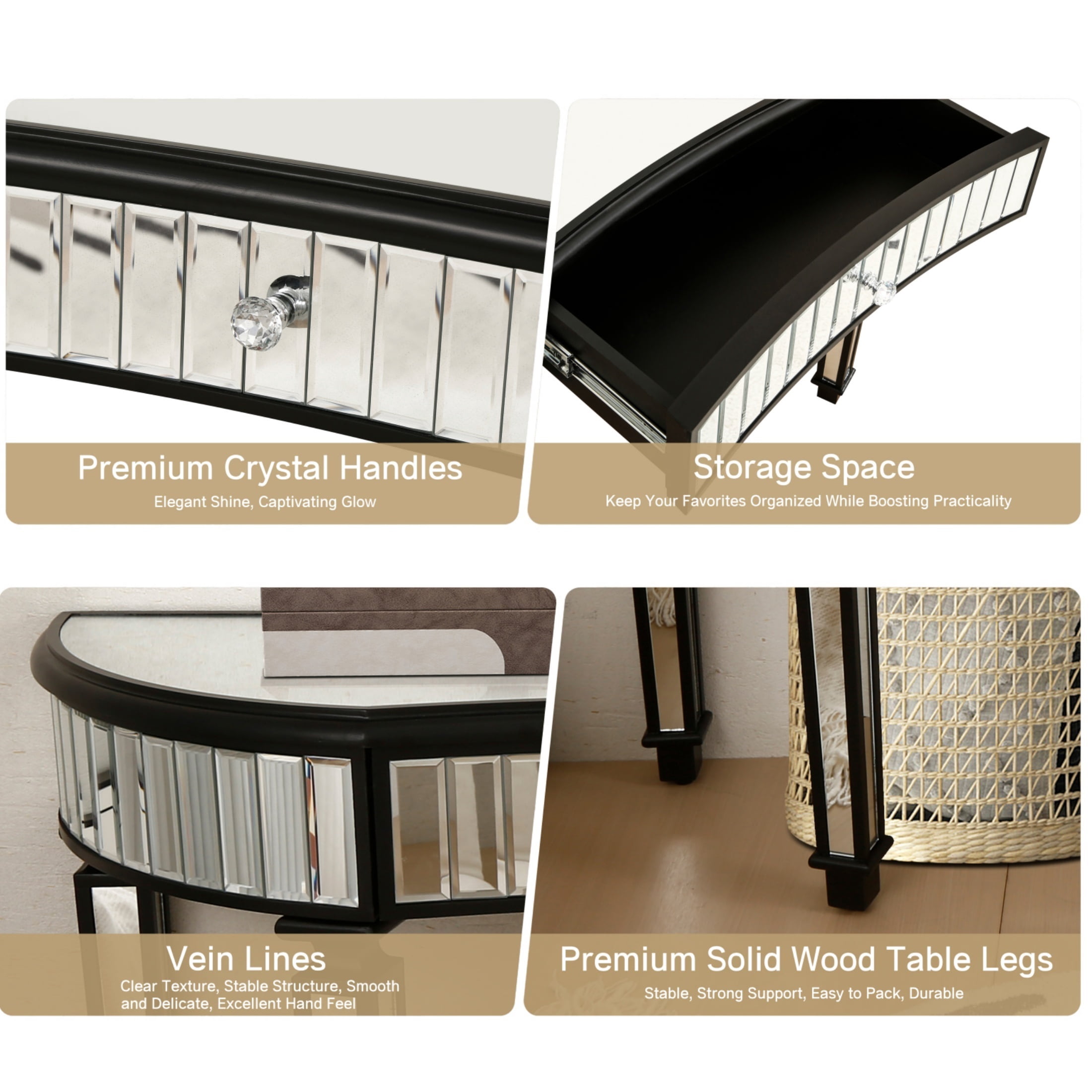 Curved Glass Console Table with Fluted & Crystal Knob Drawer, Mirrored Entryway Display Table, Multi-functional Vanity Desk