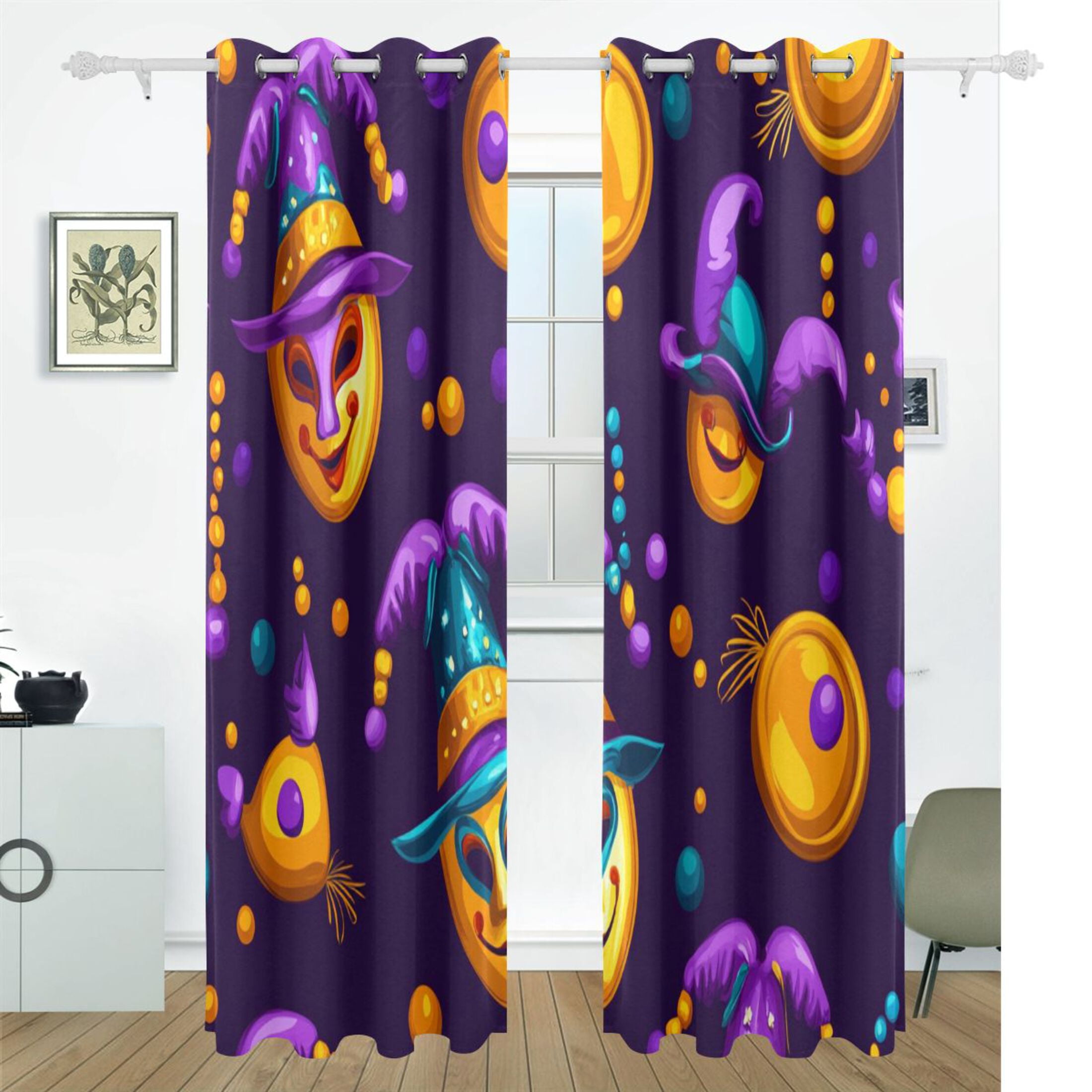 Colorful Mardi Gras Masks and Beads Blackout Curtains for Living Room Bedroom 55W x 72/84L Insulated Window Drapes 2 Panels