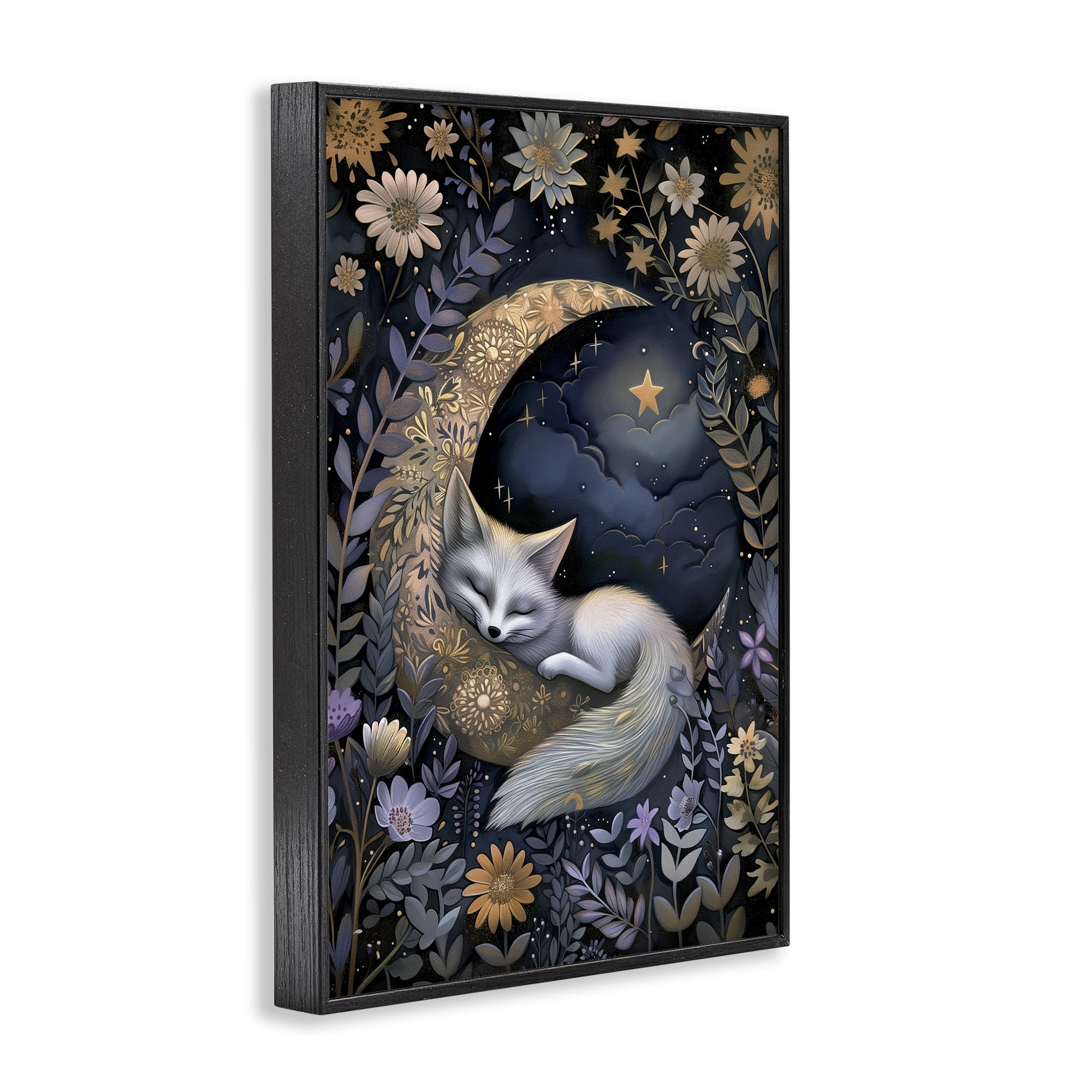 Stupell Industries Fox Sleeping on Moon Animals & Insects Painting Black Framed Art Print Wall Art, 12 x 18