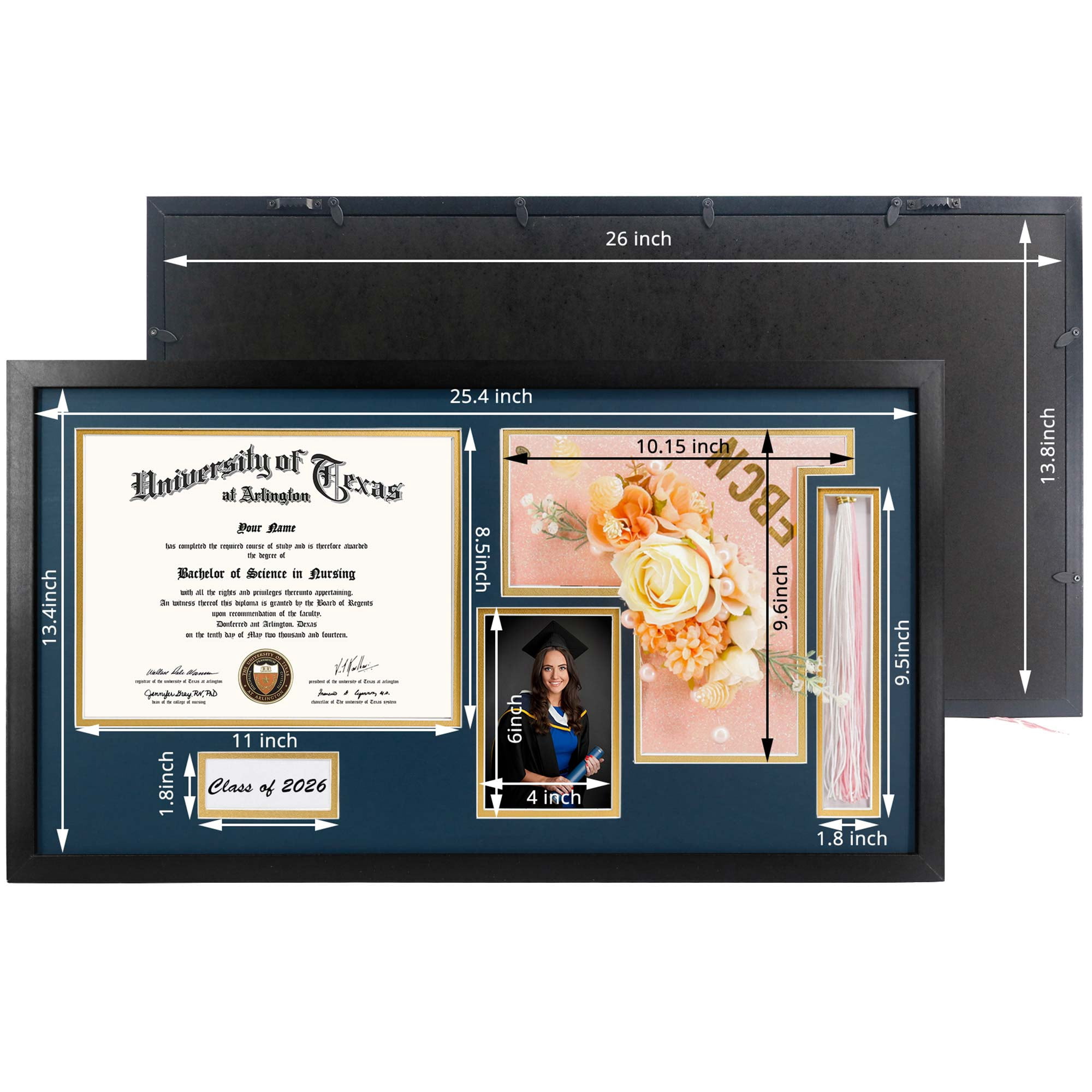 Graduation Shadow Box Frame Wood Display Case for Diploma & Photo with Graduation Cap & Tassel Holder Blue