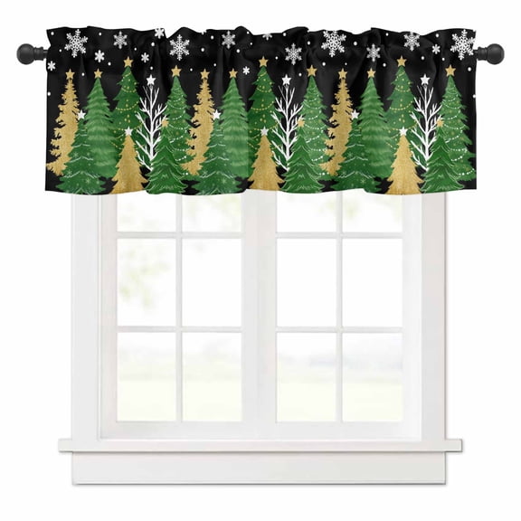 Christmas Tree Valances for Windows Winter Snowflakes Green Gold Tree Black Bottom Rod Pocket Curtain Valance Window Treatment Short Curtains for Kitchen Living Room, 42"x12"