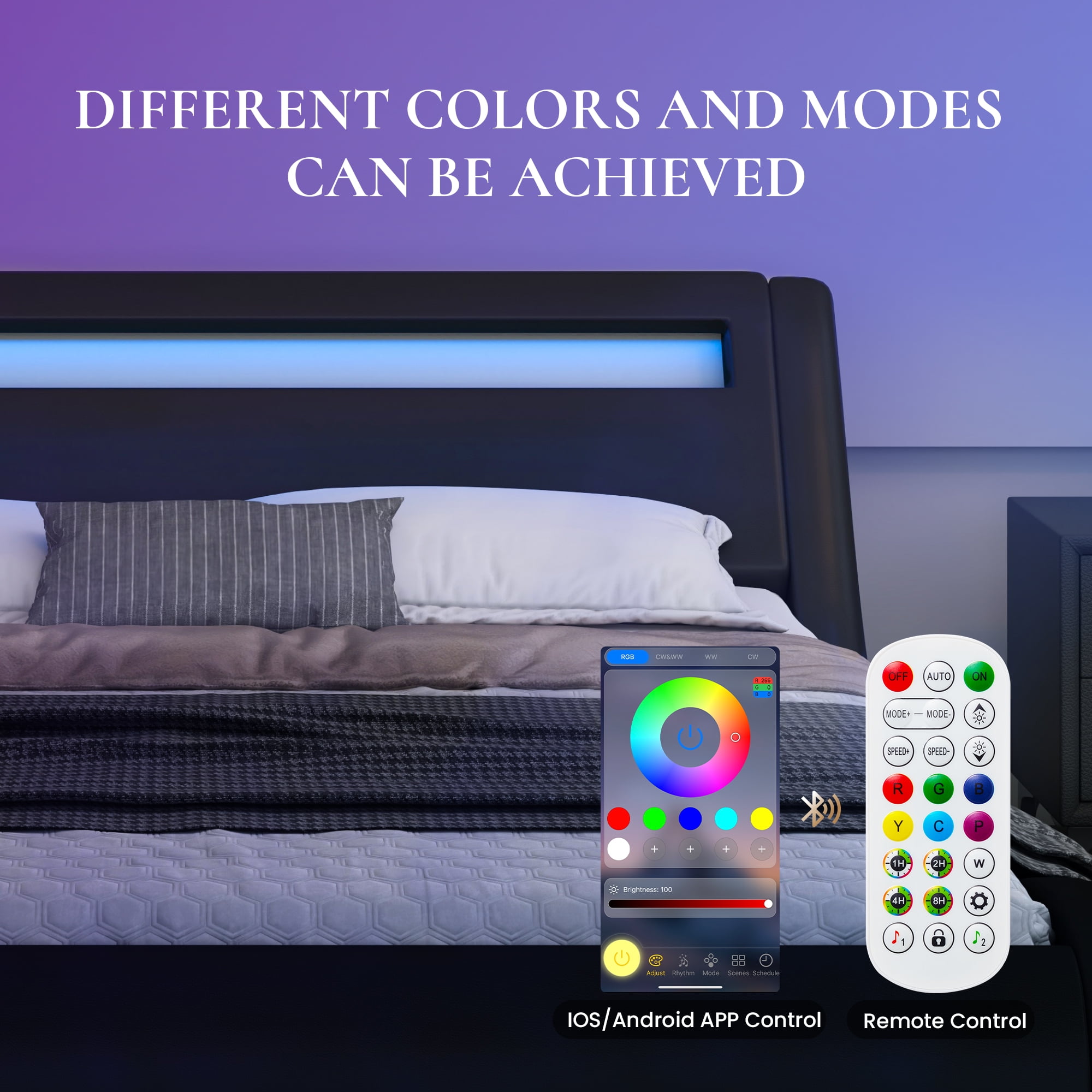 Sha Cerlin Full Size Wave-Like Curve PU Leather Platform Bed Frame with Adjustable Headboard and LED Lights, Black