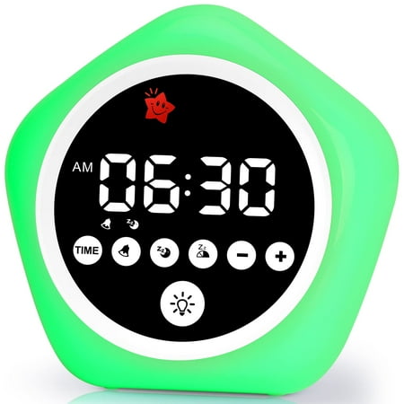 Toddler Alarm Clock for Sleep Training, Kids OK to Wake Clock with Green Red Light, Children's Night Light with 10 Colors, Adjustable Brightness, Pink