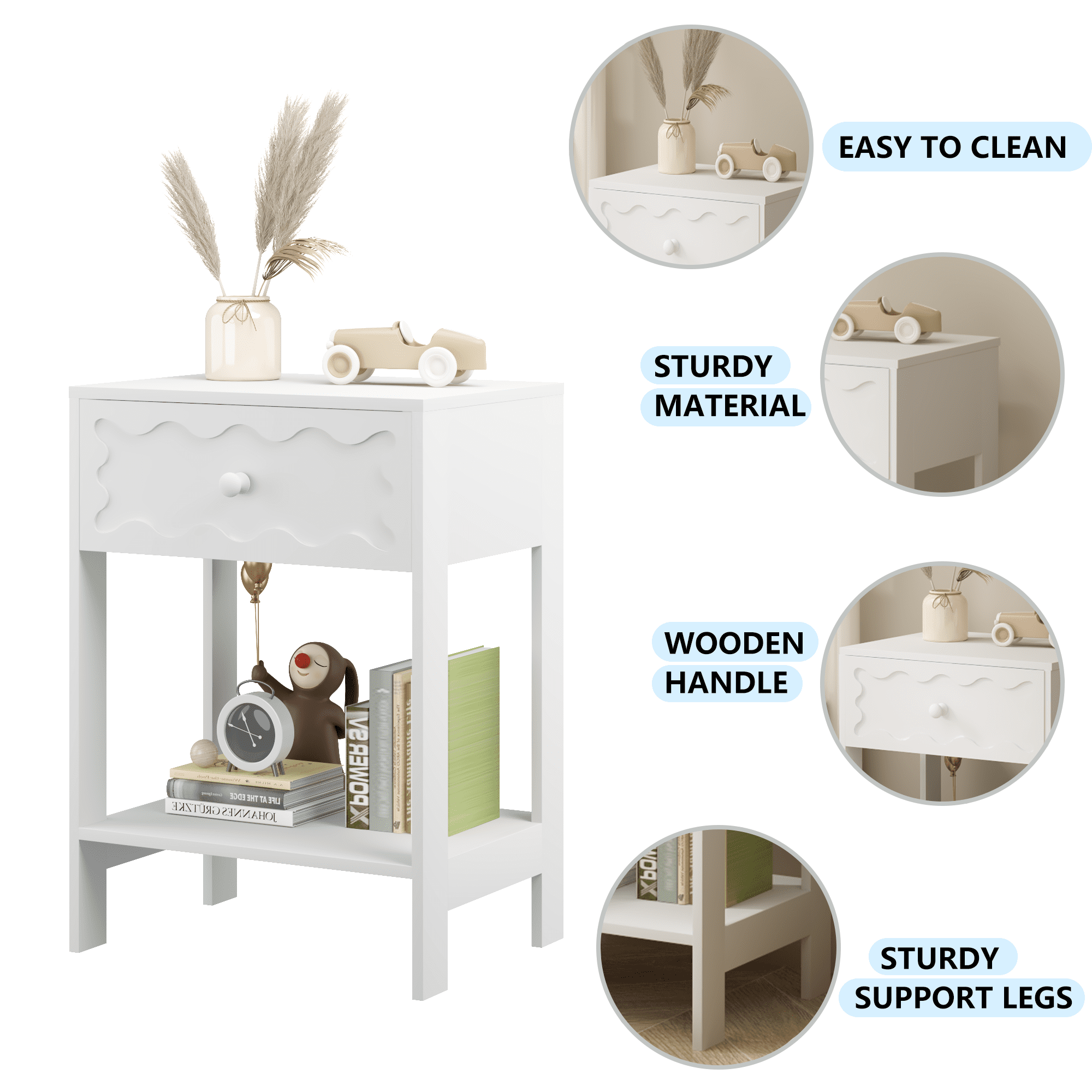 Nightstand with Drawer and Open Shelf,Modern Wave Pattern Solid Wood Bedside Table,End Table for Bedroom,Living Room,Small Spaces,White