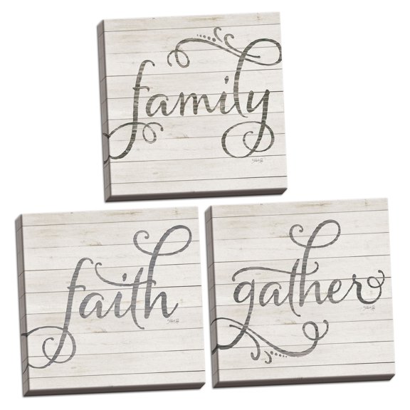 Gango Home Decor Contemporary Simple Words - Faith, Family, & Gather; Three 12x12in Hand-Stretched Canvases
