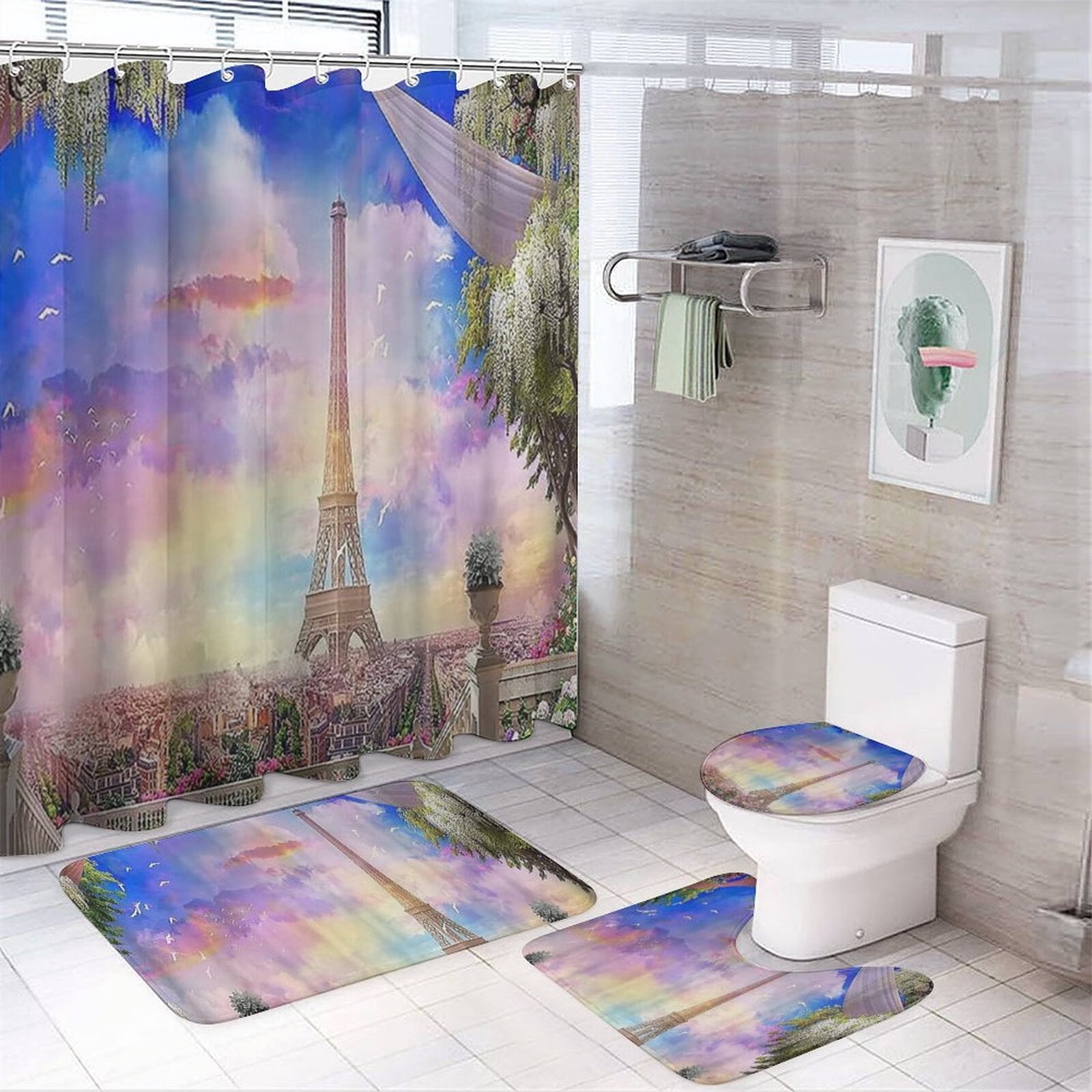 4Pcs Paris Eiffel Tower Shower Curtain Sets Romantic Sky Bathroom Set