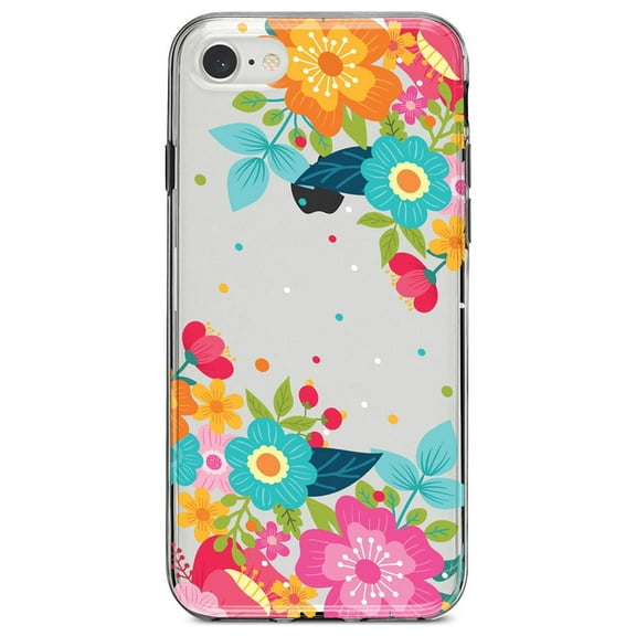 DistinctInk Clear Shockproof Hybrid Case for iPhone 7 8 SE (2020 Model) 4.7" Screen TPU Bumper Acrylic Back Tempered Glass Screen Protector - Bright Colored Flowers and Dots