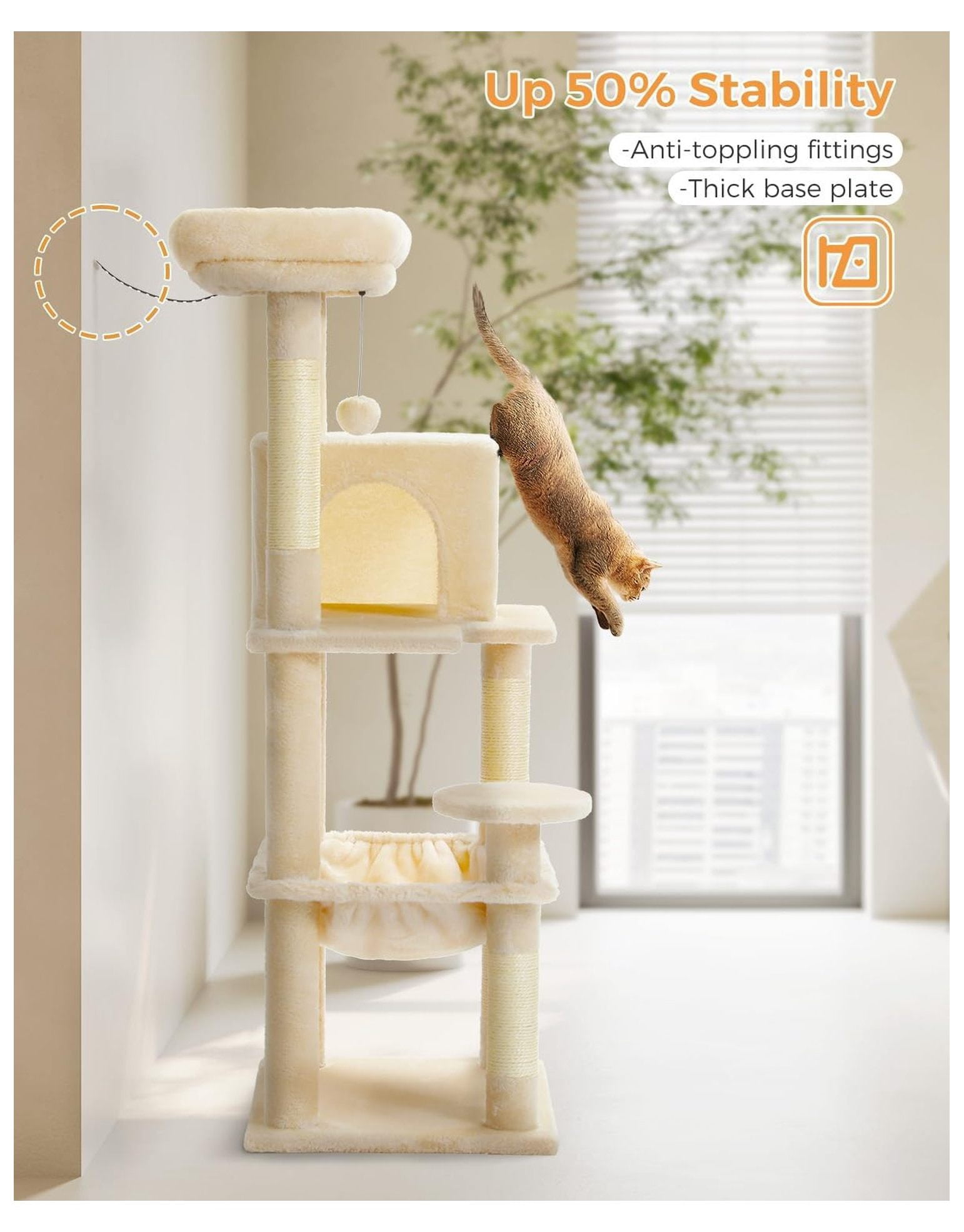 Cat Tree for Large Cats, 56.3" Tower with Hammock & Condo, 6-Tier Cat Shelves, Scratching Posts, Beige