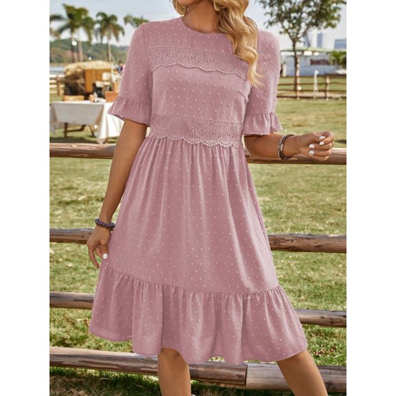 Dusty Pink Lace-Trimmed Ruffle Sleeve A-Line Midi Dress For Women