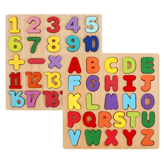 Juego de 2 rompecabezas de madera con alfabeto, números y formas en 3D, tablero de rompecabezas de letras y números ABC, rompecabezas educativos de reconocimiento, el mejor regalo para niños