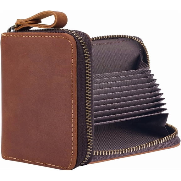 Slots Genuine Leather Credit Card Holder Case Crazy Horse Rectangle Rfid Card Wallet Travel Passport Wallets Small Card Case With Zipper for Women Men Home Business Coconut Brown DIY