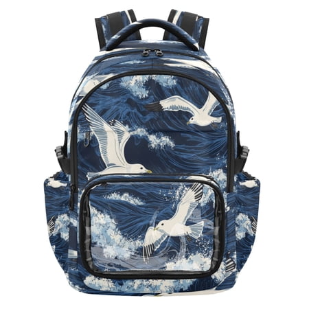 PVC Casual Backpack 25L Daypack with Laptop Compartment Lightweight Travel Backpack for Work Outdoor Activities Seagulls Flying Waves