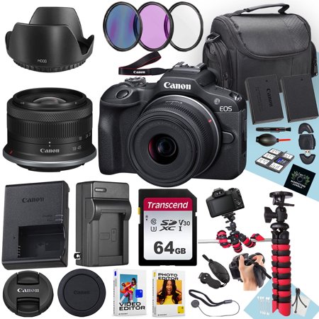 Canon EOS R100 Mirrorless Camera With RF-S 18-45mm f/4.5-6.3 IS STM Lens + 64 GB Memory + Hood + Extra Battery + Battery Charger + Filters + More (26pc Bundle)