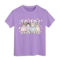 thumbnail image 2 of Toddlers Kids Girls Easter T Shirts Cute Cat Bunny Print Short Sleeve Crew Neck Tees Casual Tops for Spring Holiday and Daily Wear,Light Purple,130, 2 of 8