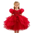 thumbnail image 2 of ATORRE Flower Girls Dress Round Neck Puff Sleeve Stylish Princess Dresses for Wedding Birthday Holiday, Girl's Formal Dress Red 4-5 Years, 2 of 7