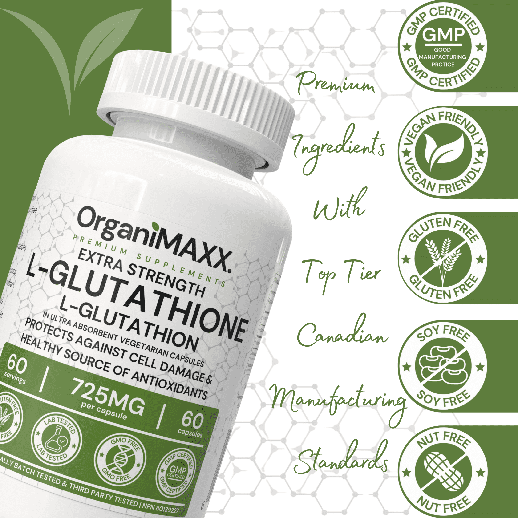 Glutathione 725mg Per Capsule OrganiMAXX L-Glutathione One A Day capsules.  Glutathione Supplements for Antioxidant And Detox Support