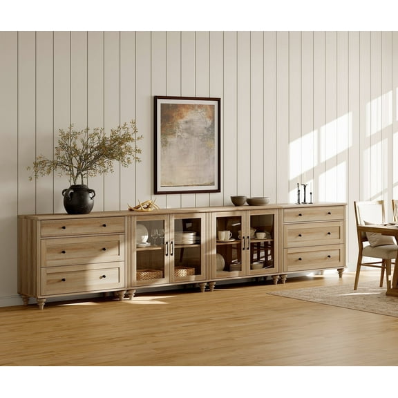 WAMPAT Kitchen Sideboard Buffet Cabinet with Storage, Farmhouse 4-in-1 Glass Cabinets & Dresser for Dining Room, TV Console Table & Entertainment Center for Living Room & Bedroom, Oak