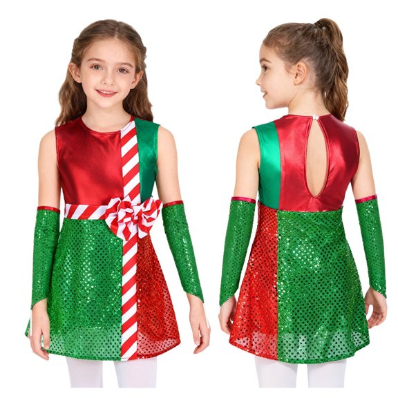 iiniim Girls Sequin Color Block Christmas Dance Dress Xmas Party Outfit with Oversleeves Green 16