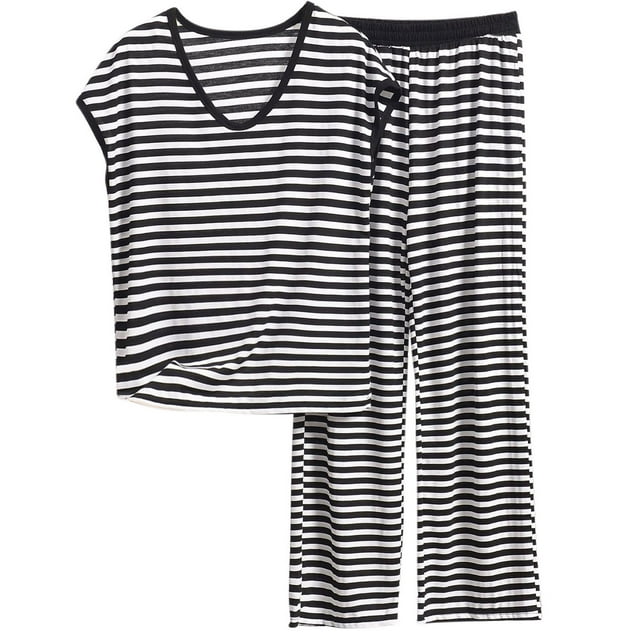 Besolor Pyjama pour Femme Grande Taille à Rayures, Col Ras du Cou, Sans Manches, Camisoles et Ensembles de Pantalons, Tenue de Nuit, Pjs