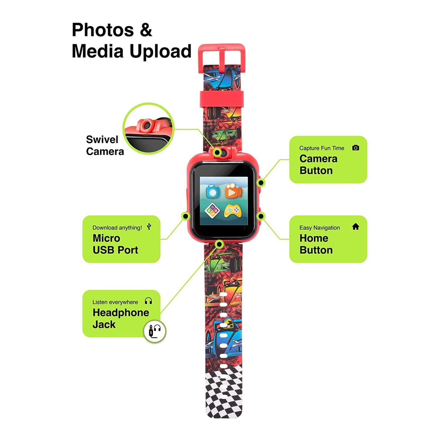PlayZoom 2 Kids Smartwatch - Video Camera Selfies STEM Gift for Kids (Racing Cars Print in Black)