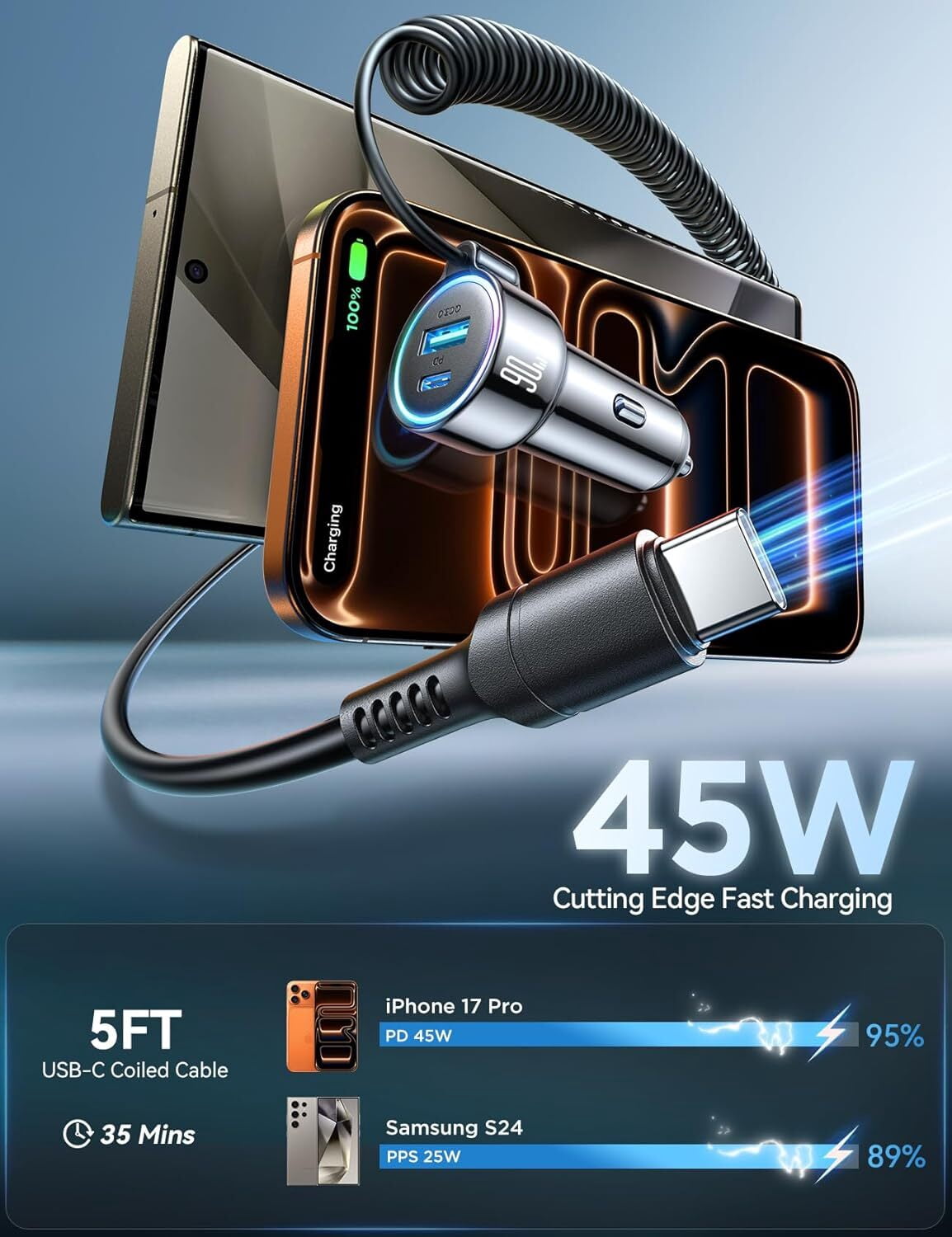 (2 pack) JOYROOM USB C Car Charger, 90W Fast Charging Dual Port PD & QC 3.0 Car Phone Charger Adapter with 5ft Built-in Type C Cable for iPhone, Samsung, Android Phones, Tablets