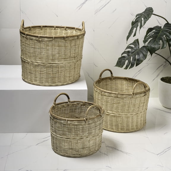happimess Vista Bohemian Cottage Handwoven Rattan Nesting Storage Baskets with Handles, Natural (Set of 3)