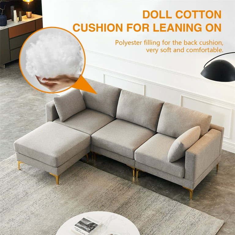 L Shaped Sectional Sofa Modern Upholstered Lounge Sofa Couch with Ottoman Footrest Convertible Modular Sofa with 2 Pillows and Gold Metal Legs for