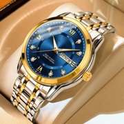 Mens watch, business high-end waterproof dual calendar luminous steel band quartz watch, mens wristwatch, fashionable trendy watch