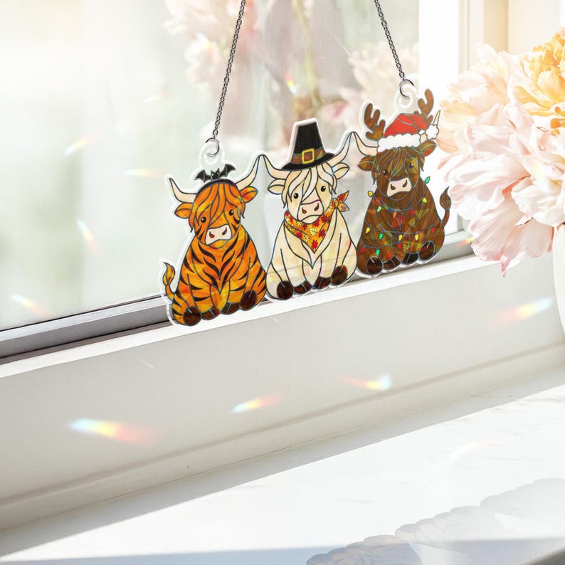 ViciArt Hallothanksmas Highland Cow Holographic Acrylic Window Hanging, 3mm Holiday Decor