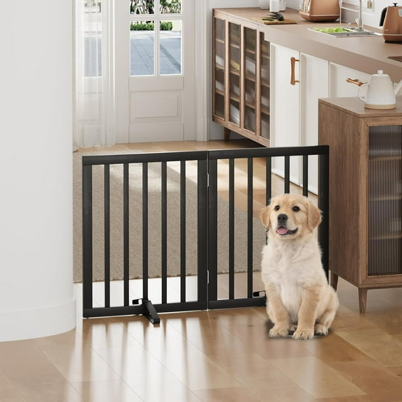 Dog Gate for Doorways, Foldable Dog Gate Indoor, Pet Gates for Doorways Bedroom, Puppy Gate with Metal Support Feet, Room Divider 2 Panels (Black)
